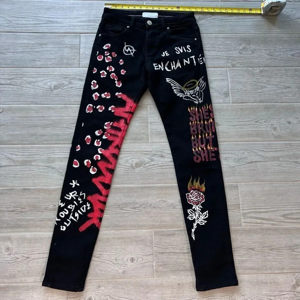 Lifted Anchors Men's Five Pocket Detention Tag Graffiti Skinny Jeans Size 28
